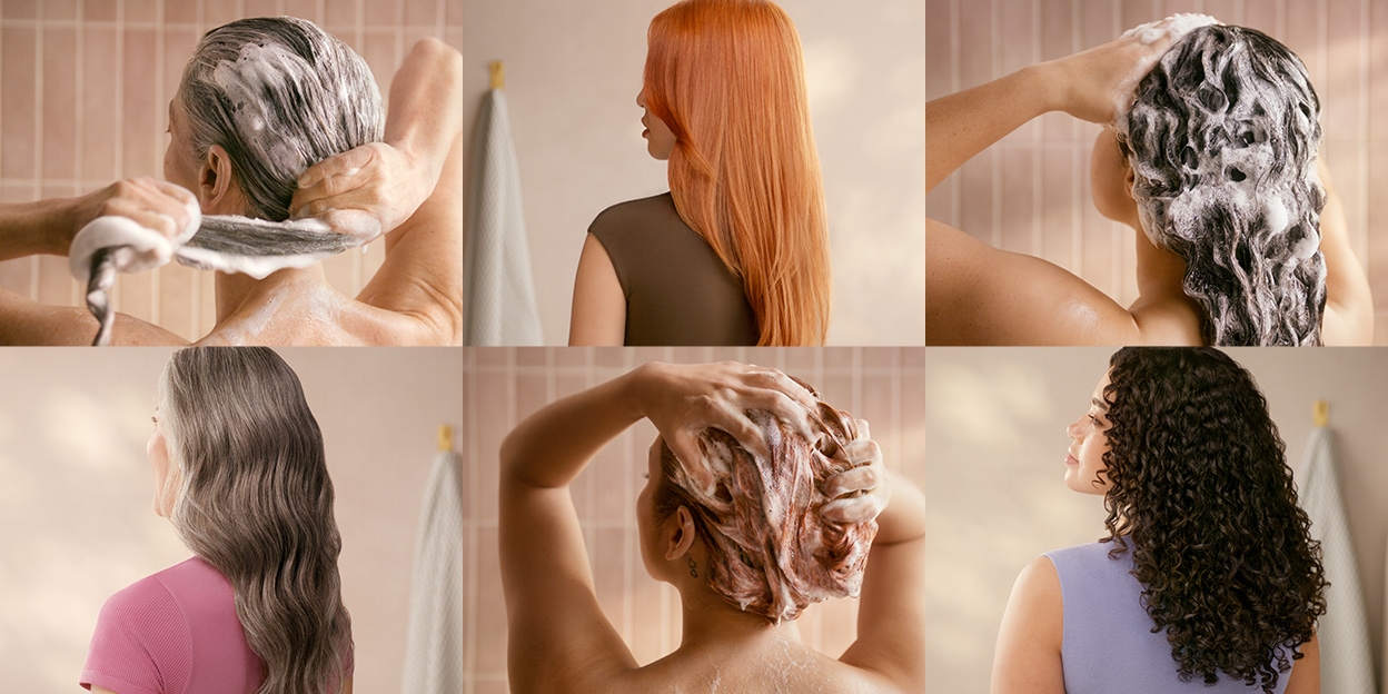 Des images de mannequins utilisant du shampooing pour leurs cheveux, suivis d’images de mannequins avec des cheveux secs, brillants et souples.