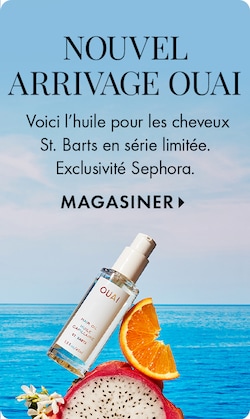 NOUVEL ARRIVAGE OUAI | Voici l’huile pour les cheveux St. Barts en série limitée. Exclusivité Sephora. MAGASINER &gt; | Image de l’huile pour les cheveux St. Barts de Ouai sur un fruit du dragon et une tranche d’orange.