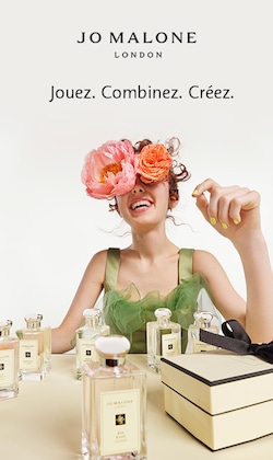 Jo Malone London. Play. Combine. Create. Image of model with bottles of product.