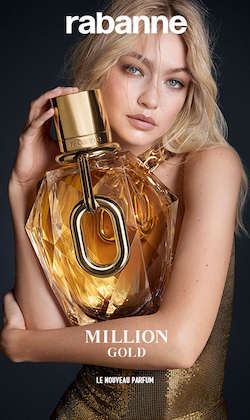 Rabanne. Million Gold. Le nouveau parfum. Image d’un modèle avec la bouteille de parfum.