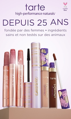 tarte. nature haute performance. La marque fondée par des femmes célèbre 25 ans d’ingrédients sains et non testés sur des animaux. Image de différents produits.