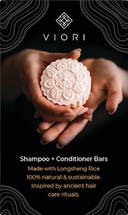 Viori. Shampooing et revitalisant solides. Fait de riz de Longsheng. 100 % naturel et durable. Inspiré par les anciens rituels de soins pour les cheveux. 