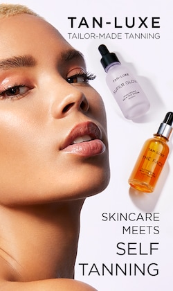 Tan-Luxe. Bronzage sur mesure. Soins de la peau et autobronzage. Image du produit et une femme.