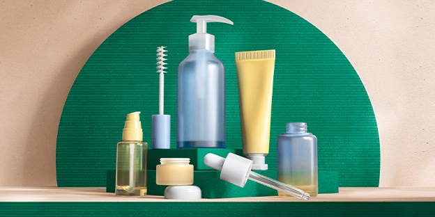 Image of several products showcased on a green and brown background.