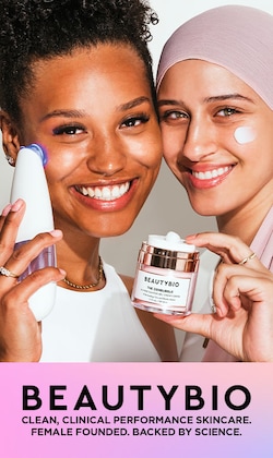 Beauty Bio. Clean, clinical performance skincare. Female Founded. Back by Science. Image of models with products.