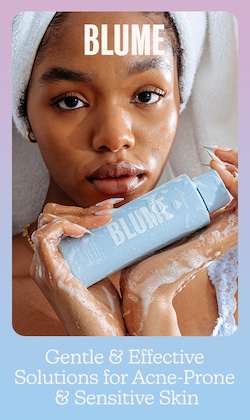 Blume. Gentle & effective solutions for acne prone and sensitive skin. Image of model holding product.