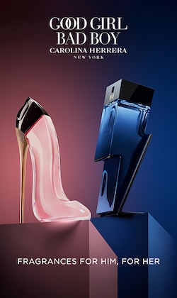 Good Girl, Bad Boy. Carolina Herrera, New York. Fragrances for Him, For Her. Image of bottles.