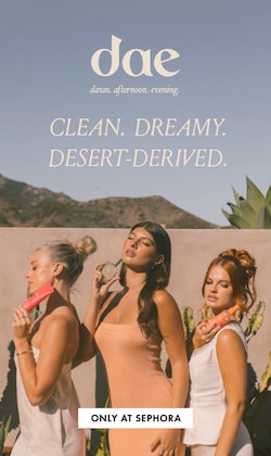 DAE. dawn. afternoon. evening. clean, dreamy, desert-derived. Only at Sephora. Image of models holding product.