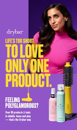 Drybar. Life's too short to only love one product. feeling polyglamorous? Over 80 products & tools to dabble, tease and play - thats the drybar way.  Image of model and product.