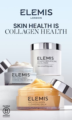 Elemis. London. Skin Health is Collagen Health. Image of products. B corp seal.