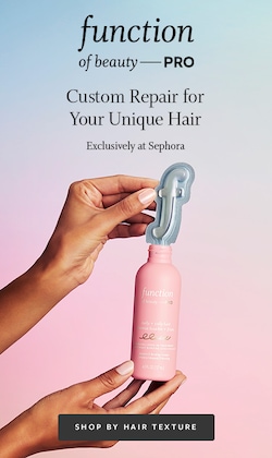 function of beauty pro. custom repair for your unique hair. exclusively at sephora. hand holding product. shop by hair texture.