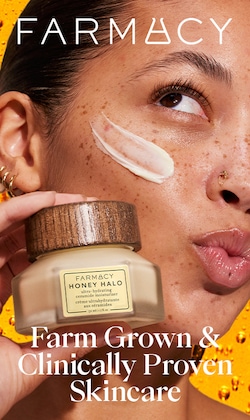 Farmacy. Farm Grown & clinically proven skincare. Image of model holding product.