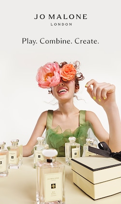 Jo Malone London. Play. Combine. Create. Image of model with bottles of product.