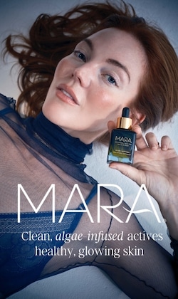 MARA. Clean, algae-infused actives, healthy glowing skin. Model holding product.