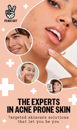 Peace Out. The Experts in Acne Prone Skin. Targeted Skincare solutions that let you be you. Image of models. 