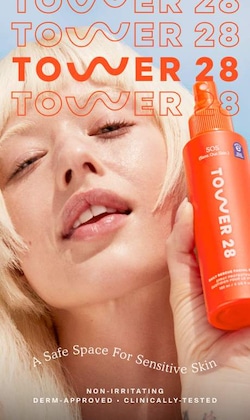 Tower 28. A safe space for sensitive skin. non-irritating. derm-approved. clinically tested. Image of model holding product.