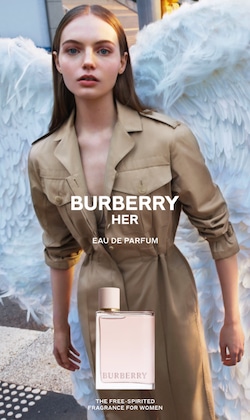 Burberry. Her, Eau De Parfum. The free-spirited fragrance for women. Fragrance bottle and model. 