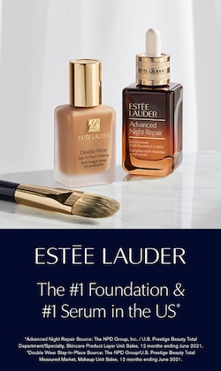 Estee Lauder. The #1 Foundation & #1 Serum in the US. Bottle of foundation and serum. 