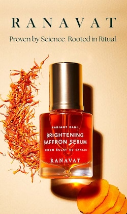 ranavat. proven by science. rooted in ritual. image of brightening saffron serum bottle. 