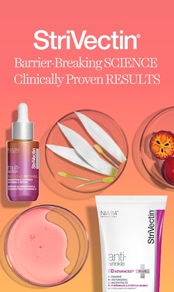 StriVectin | Barrier Breaking Science. Clinically proven results. Image of ingredients and product. 