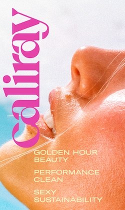 Caliray. Golden Hour Beauty. Performance Clean. Sexy Sustainability. Image of model.