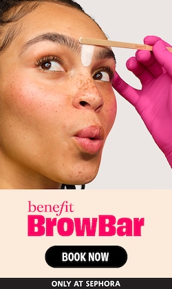 Benefit Browbar. Book Now. Only at Sephora. Image of model getting brow waxed.