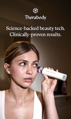 Therabody. Science-backed beauty tech. Clinically-proven results. Image of model holding device.