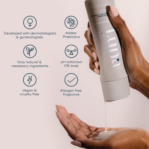 Together, these pH-balancing ingredients—with prebiotics and vitamins C and E—in The Everywhere Wash provide various benefits for all skin types. By helping to maintain the skin's natural pH balance while supporting beneficial bacteria and providing antioxidant protection, The Everywhere Wash aims to promote healthy, radiant skin. Regular use of this product may leave the skin feeling refreshed, balanced, and nourished.